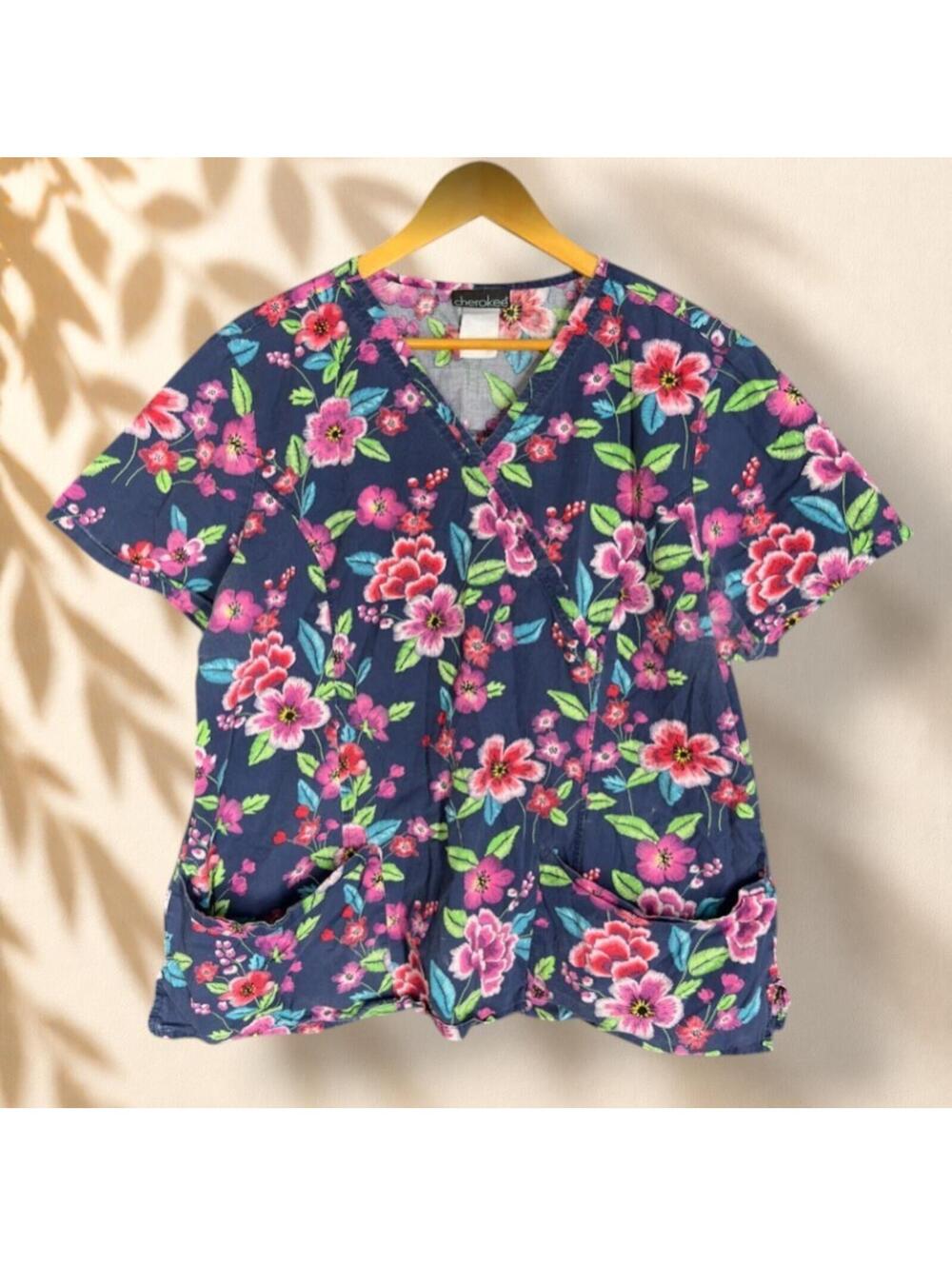 Cherokee Scrub Top Women M Medium Blue Floral V-Neck Short Sleeve Pockets Work